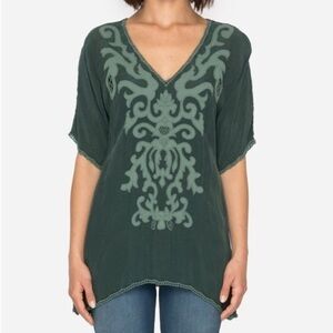 JOHNNY WAS Kalea V Neck Embroidered Harley Short Sleeve Tunic Top Green Sage XS